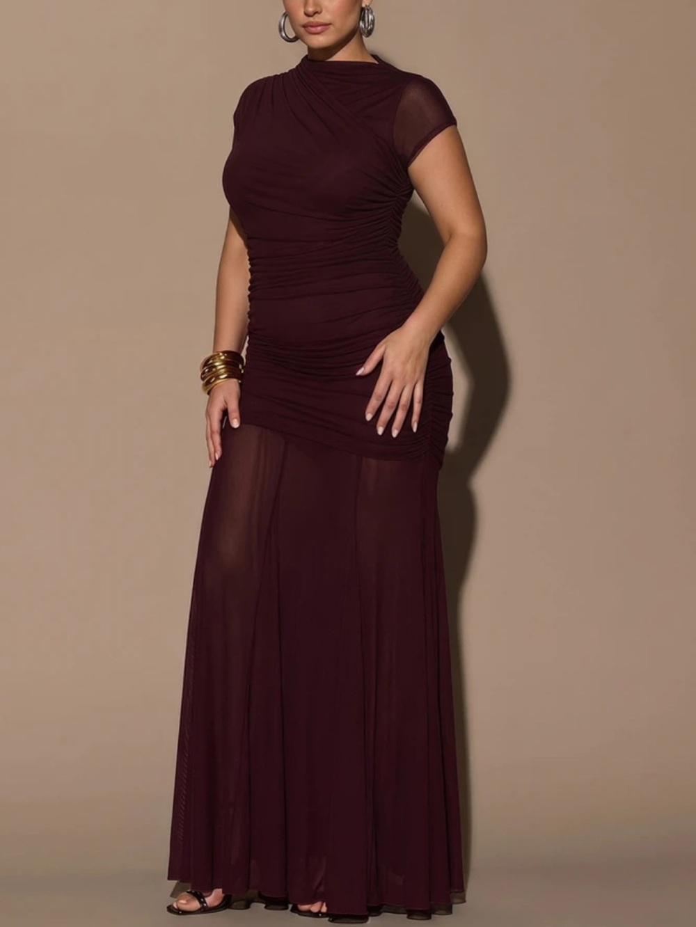 Elegant Burgundy Ruched Sheer Maxi Dress - Picture 6 of 6